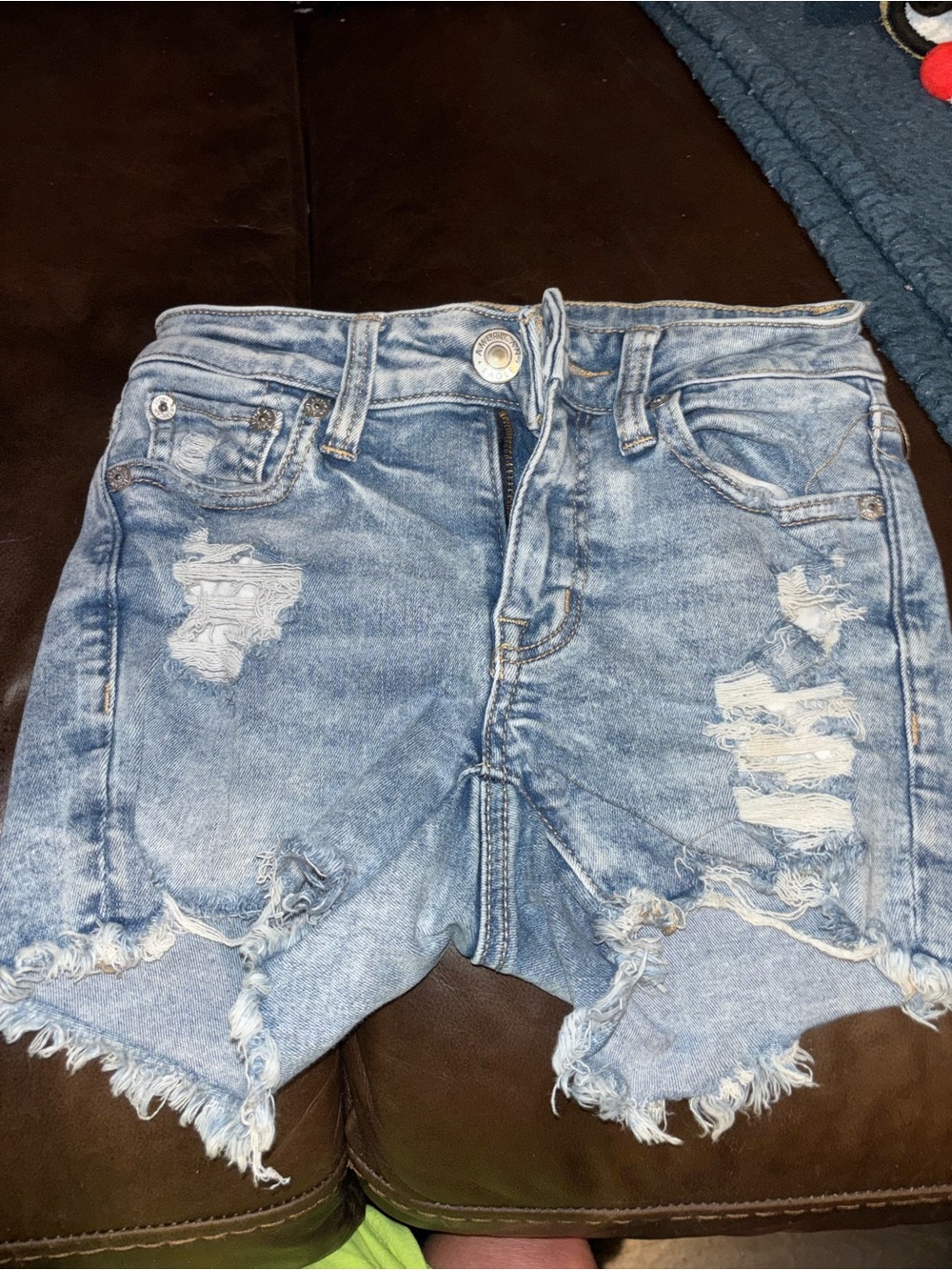American eagle midi Distressed Light Blue Denim Shorts - Casual High-Rise Cut